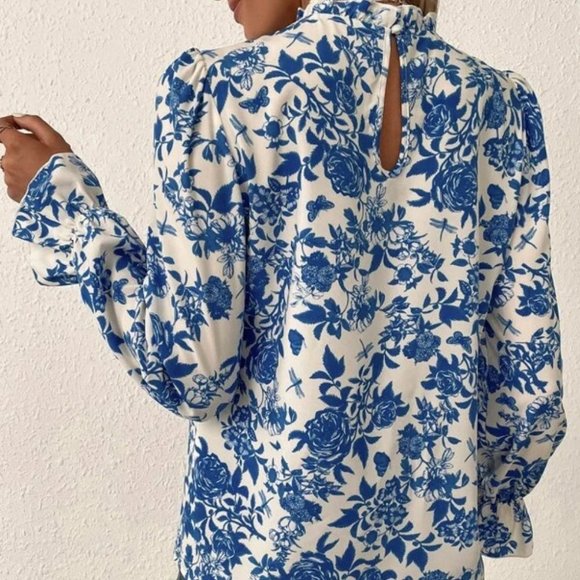 Boho blue long flounced sleeved Floral Print Blouse top plus or reg size - Picture 5 of 7